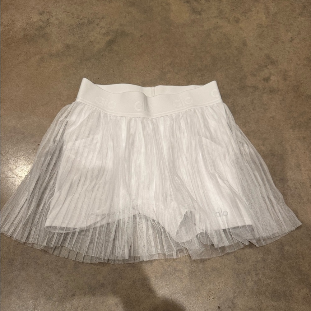 Alo Womens white Mesh Lined Sheer Pull On Flirty Mini Tennis Skirt Sz XS